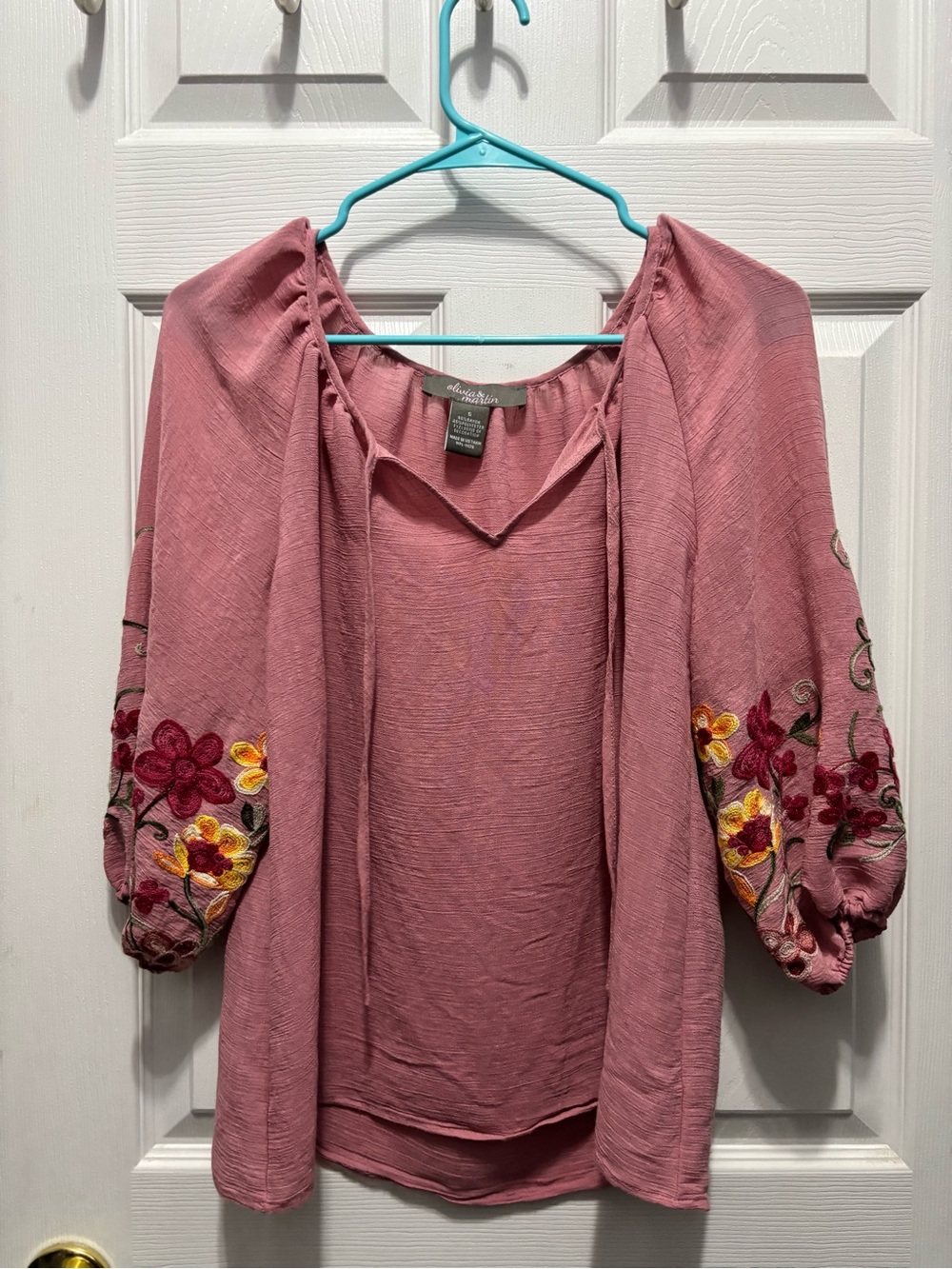 Embroidered Rose Pink Peasant Blouse with Balloon Sleeves